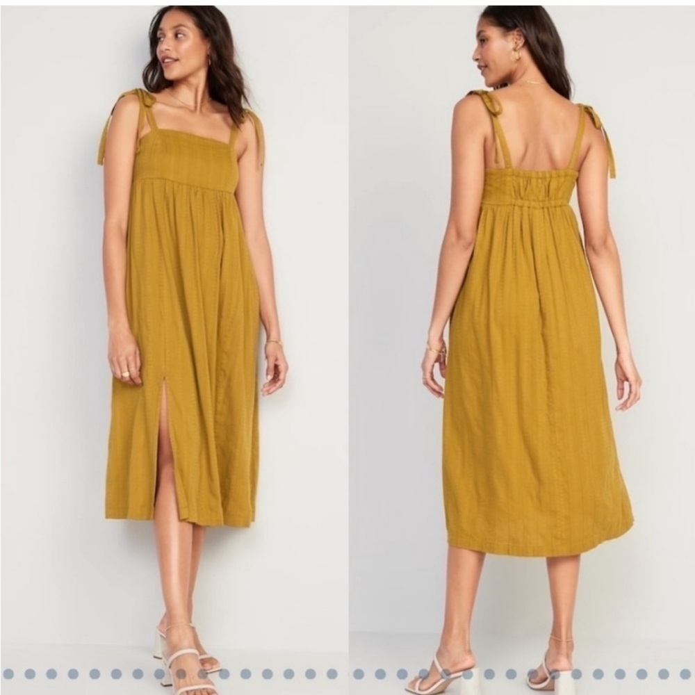 Old Navy Tie‎ -Shoulder Dobby Midi Babydoll Swing Dress Sz L front slit
